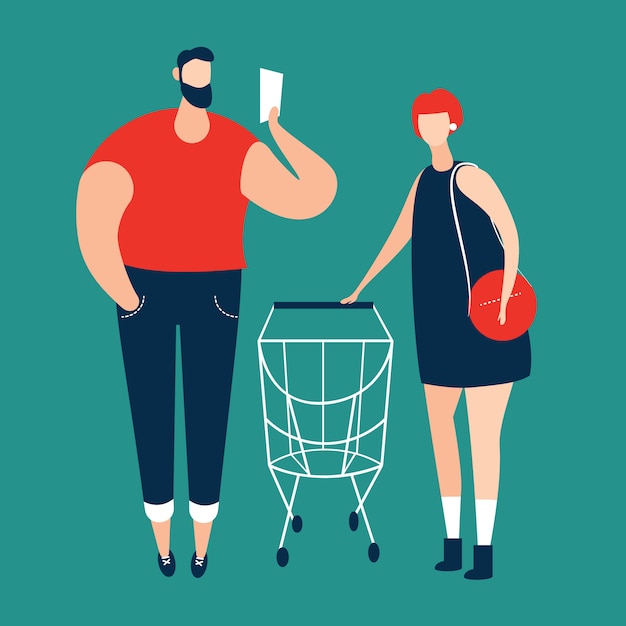 Lista de comprobación del hombre y mujeres que llevan carro de compras