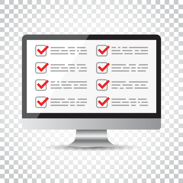 Lista de comprobación de hombre de negocios con computadora Icono de lista de comprobación Ilustración vectorial plana Pictograma sencillo de concepto de negocio