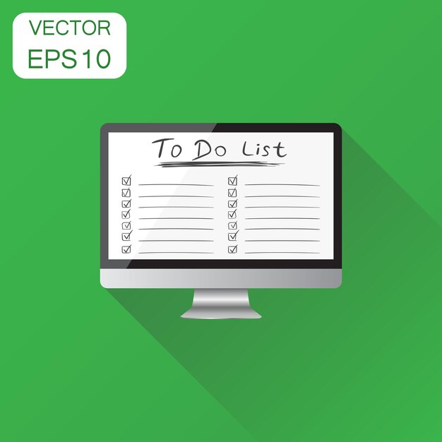 Lista de comprobación con icono de computadora Concepto de negocio Tarea pictograma de monitor de computadora Ilustración vectorial en fondo verde con sombra larga