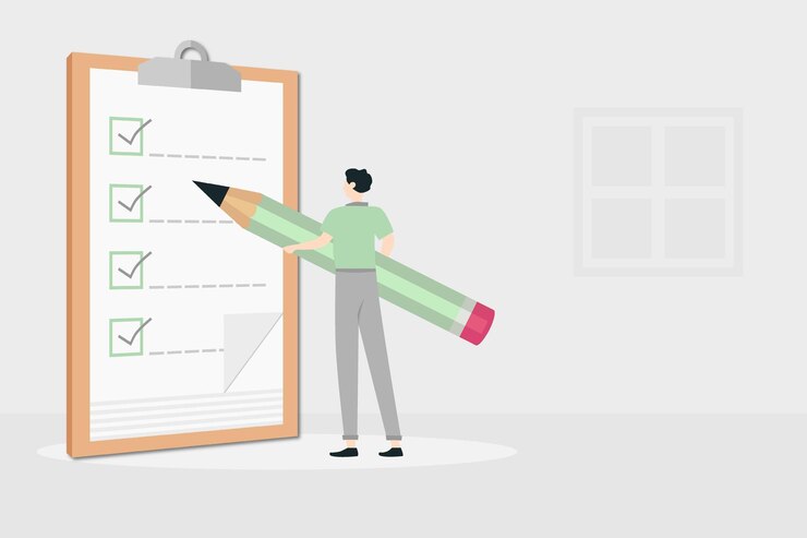 Vector lista de comprobación en papel y un hombre con un lápiz gigante formación exitosa de tareas y objetivos comerciales ilustración vectorial