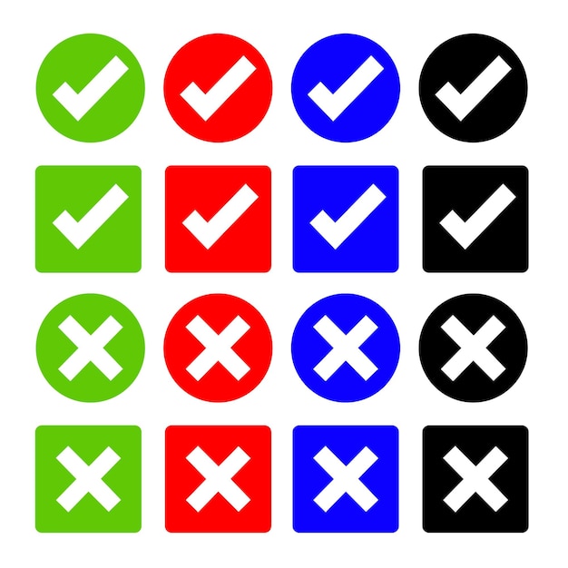 lista de comprobación vectorial y círculos cruzados y cajas marcas símbolo del icono color azul rojo verde negro