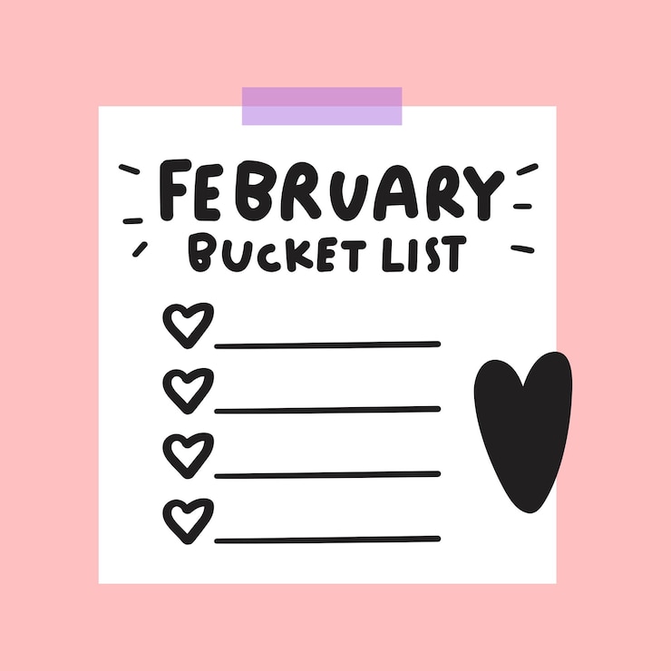 Vector lista de deseos de febrero nota de papel sobre fondo rosado plantilla ilustración dibujada a mano