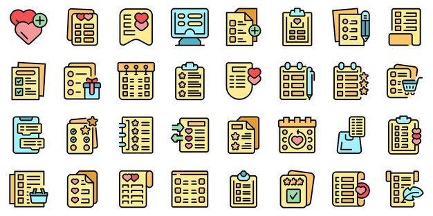 Lista de deseos iconos establecido contorno vector Post invierno Papel de vacaciones línea delgada color plano en blanco