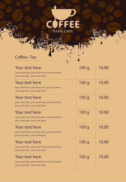 lista de menú para bebidas calientes con toques de café