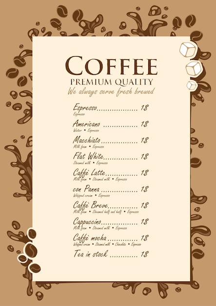 lista de menú para bebidas calientes con toques de café