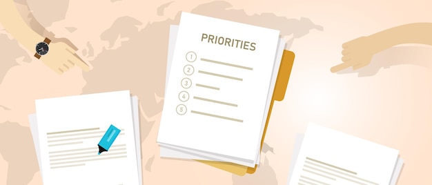Lista prioritaria de prioridades tarea importante primero priorizar para hacer la carpeta de papel de la agenda de acción