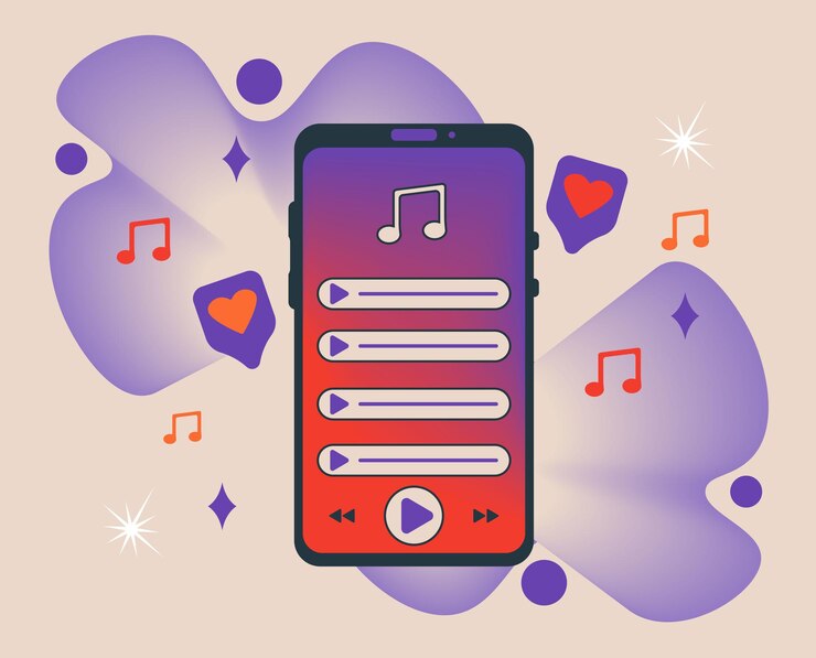 Vector lista de reproducción de música aplicación móvil con lista de reproducción de canciones o radio en línea gráficos vectoriales perfectos