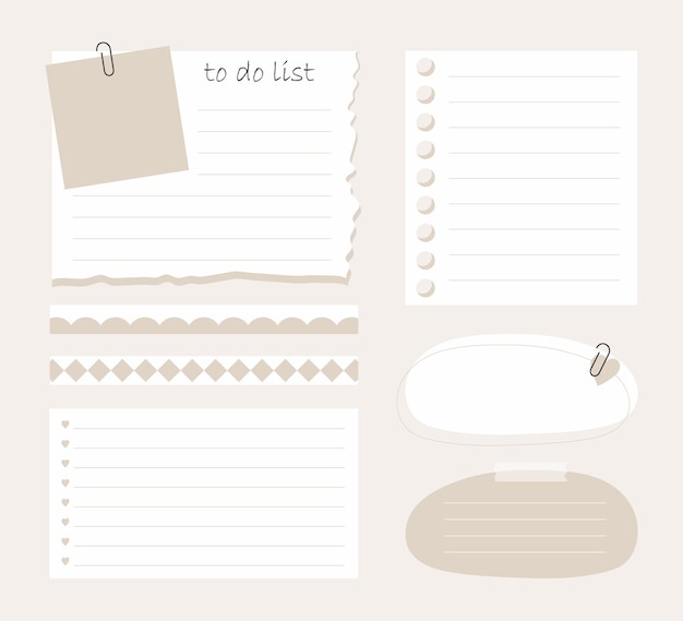Lista de tareas, planificador, horario. Linda plantilla de nota. Cuadernos en blanco y notas rotas usadas.