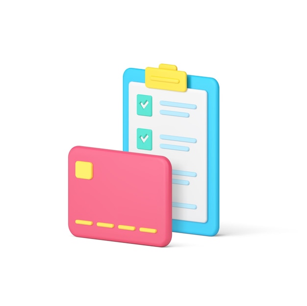 Lista de verificación de compras lista completa compra de bienes compra pago con tarjeta icono 3d vector realista