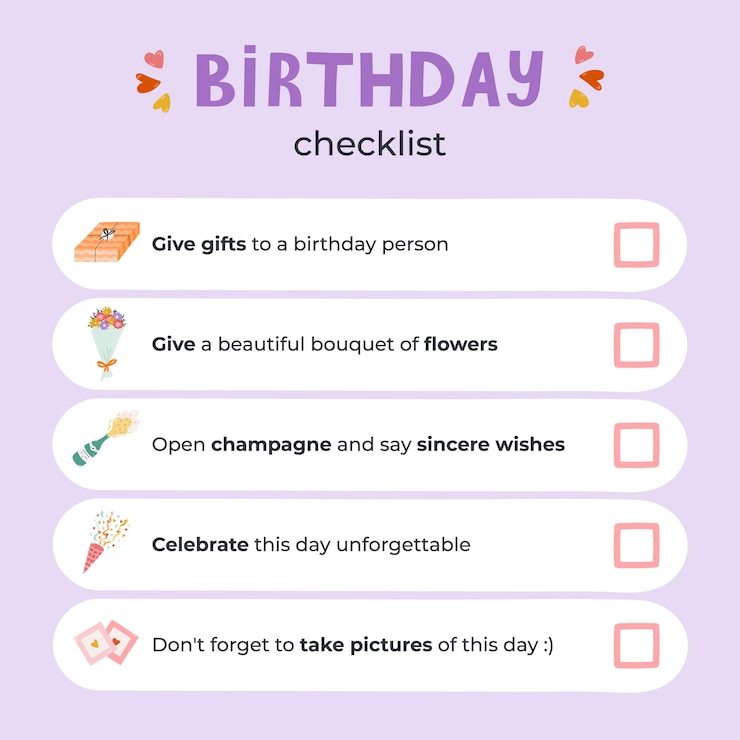 Vector lista de verificación de cumpleaños feliz sobre la celebración de la fiesta vacaciones con bonitas ilustraciones dibujadas a mano recordatorio de qué hacer en el aniversario o fiesta de cumpleños lista de verificacion es perfecta para el cuaderno de planificador