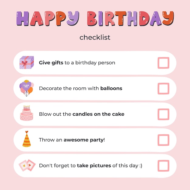 Lista de verificación de cumpleaños feliz sobre la celebración de la fiesta vacaciones con bonitas ilustraciones dibujadas a mano recordatorio de qué hacer en el aniversario o fiesta de cumpleños lista de verificacion es perfecta para el cuaderno de planificador