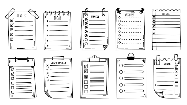 Lista de verificación de garabatos Dibujado a mano para hacer la lista de tareas de hoy y esbozar el planificador semanal Portapapeles con la página de notas de la lista de viñetas con el conjunto de vectores de verificación y marca