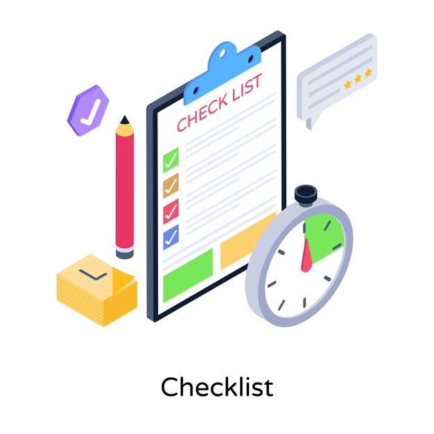 Lista de verificación isométrica ilustración vectorial editable