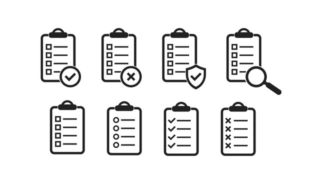 Lista de verificación o documento en el portapapeles Portapapeles con texto cruzado de marca de verificación y lupa Conjunto de esquema de signo de lista de verificación aislado sobre fondo blanco Icono de vector