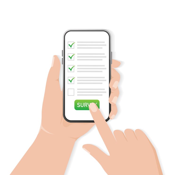 Vector lista de verificación en la pantalla del teléfono inteligente concepto de encuesta en línea la mano sostiene el teléfono móvil y verifica