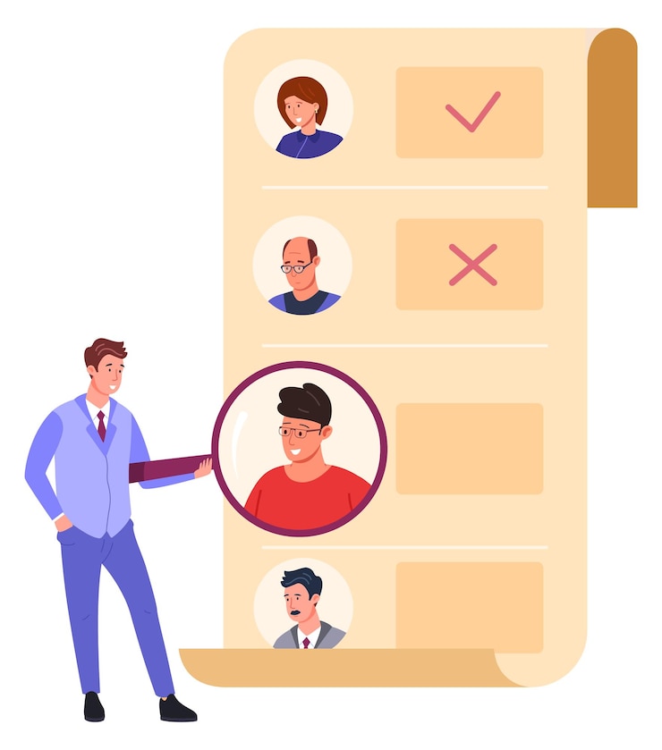 Vector lista de verificación de personas hombre mirando el currículum de los empleados