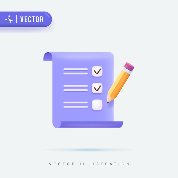 Lista de verificación realista en 3D en papel de portapapeles e ilustración vectorial de lápiz