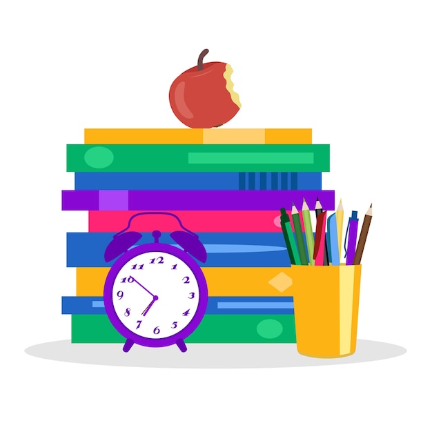 Listo para el fondo del concepto escolar con libros, reloj despertador y representación de accesorios, vector