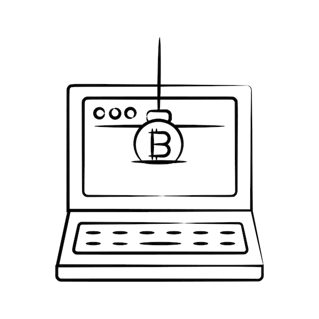 Listo para usar icono de estilo dibujado a mano que muestra estafa de bitcoin en línea