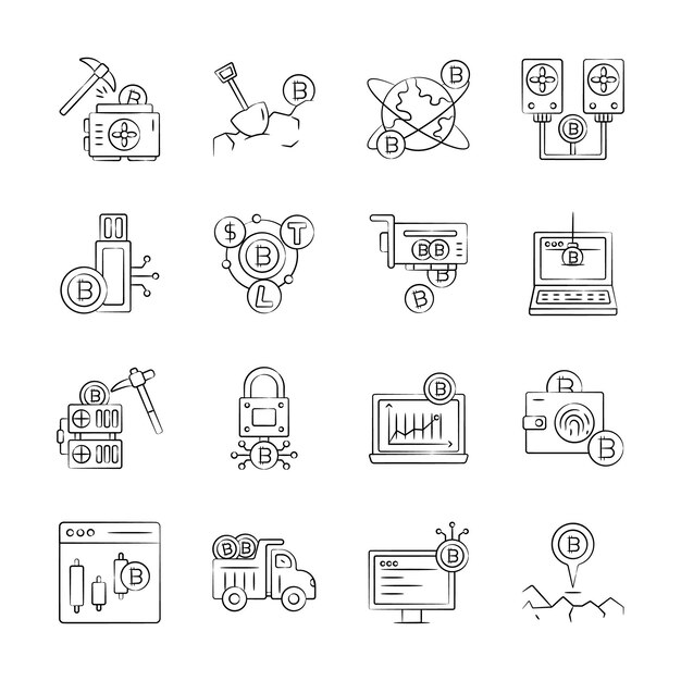 Listo para usar un paquete de iconos dibujados a mano de criptografía y bitcoin