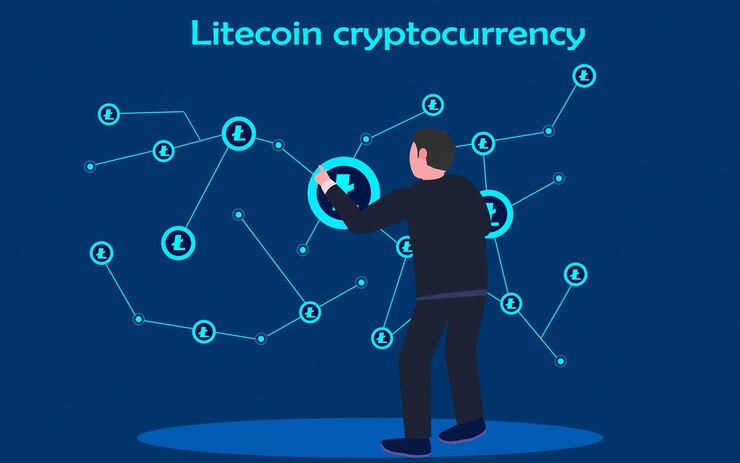 Vector lite coin cryptocurrency businessman observando y analizando el gráfico de distribución de blockchain