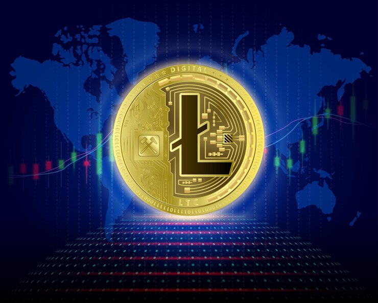 Vector litecoin (ltc) moneda de oro criptomoneda blockchain moneda digital con gráfico de participación de crecimiento.