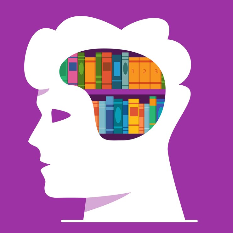 Vector literatura para el desarrollo personal librerías en forma de cabeza de hombre estantería de libros de cabeza