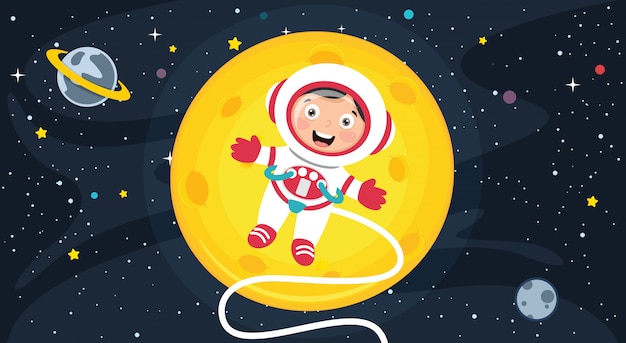 Little atsronaut haciendo investigación en el espacio