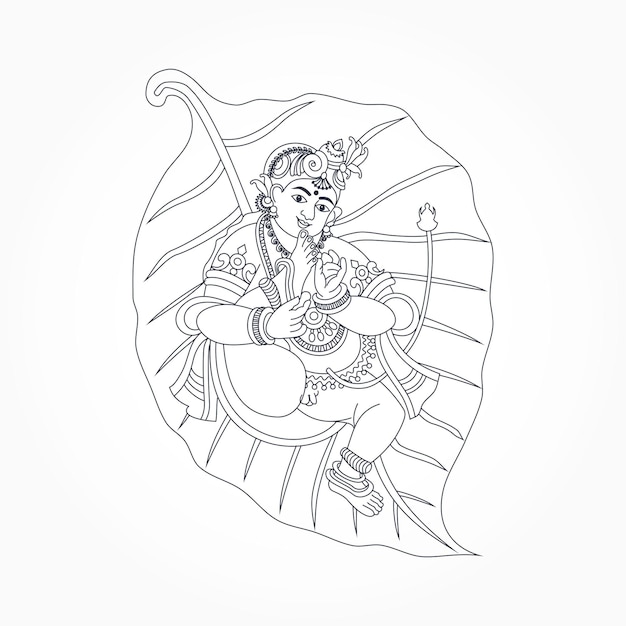 Little bal gopal krishna en la hoja que chupa el dibujo de la línea del dedo del pie