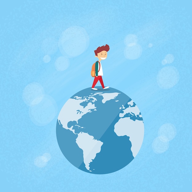 Little Boy Walk en Globe World Map Concept Travel