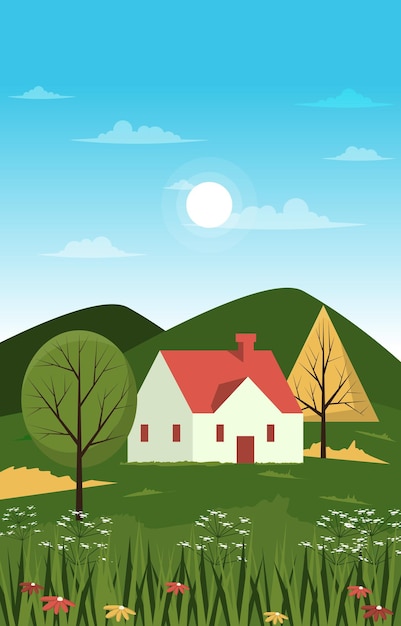 Vector little house hill beautiful summer rural nature landscape tarjeta de regalo