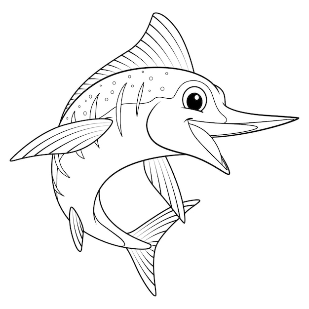 Little Marlin Fish Cartoon Animal Ilustración BW