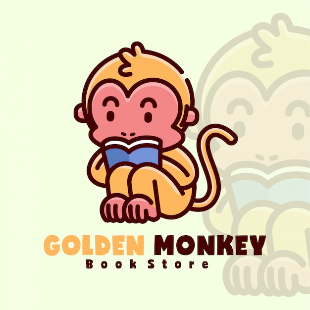 Little monkey de oro leyendo un logotipo de dibujos animados de libro