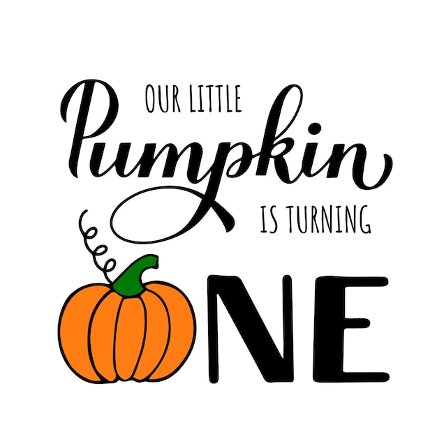 Little Pumpkin está girando una caligrafía con letras a mano con linda calabaza de dibujos animados Otoño bebé decoraciones de primer cumpleaños Cita de otoño Plantilla vectorial para invitación de cartel, etc.