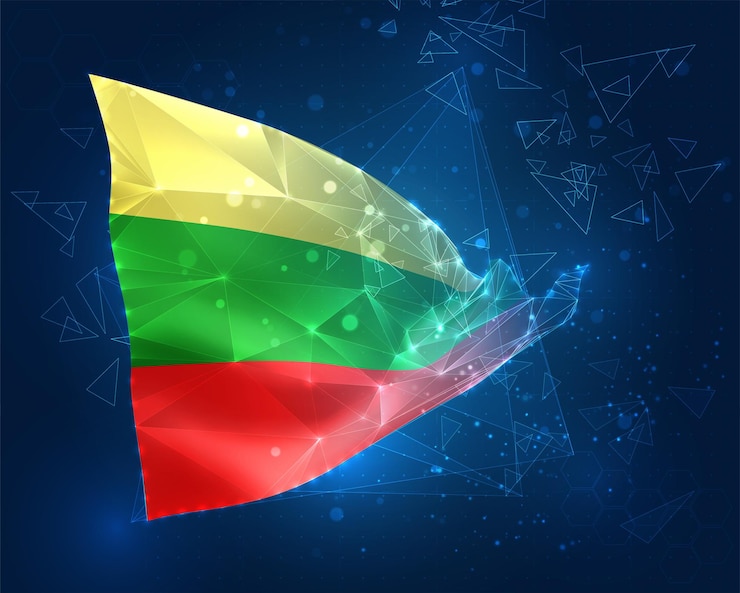 Vector lituania vector bandera objeto 3d abstracto virtual de polígonos triangulares sobre un fondo azul