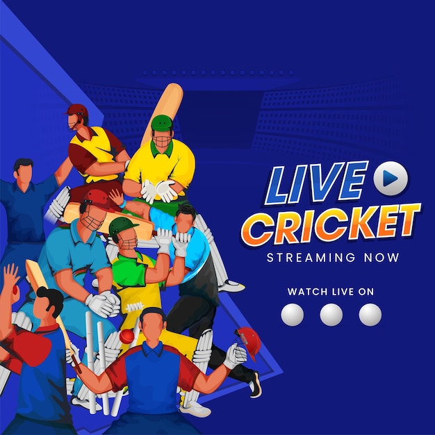 Live cricket streaming now concept con jugadores de los países participantes sobre fondo azul