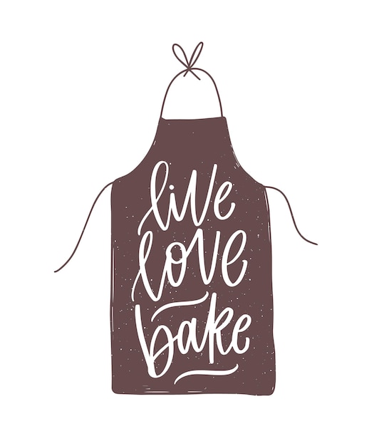 Live Love Bake eslogan motivacional o cita escrita a mano con fuente caligráfica cursiva en un elegante delantal. Letras con estilo en blanco. Ilustración decorativa moderna.