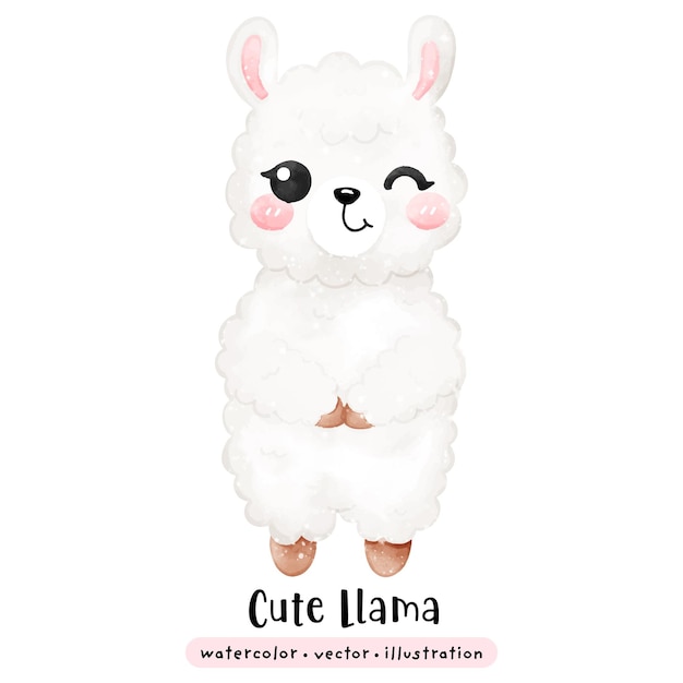 Llama alpaca lindo de pie y sonriente acuarela
