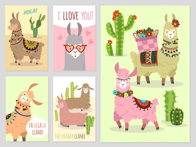 Vector llama. baby llamas cute alpaca y cactus wild peru camel, conjunto de invitación de fiesta de niña