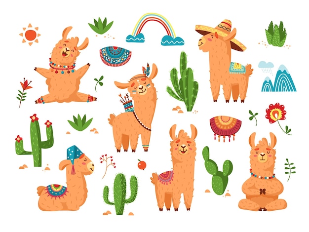 Vector llama con cactus personajes de alpaca de dibujos animados lindo divertido lama elementos de impresión de moda para bebés animales de vectores salvajes infantiles mexicanos o peruanos