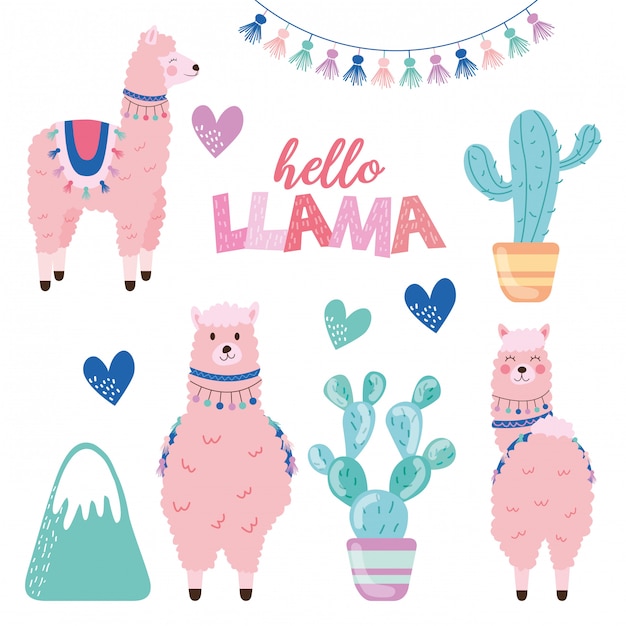 Vector llama y cactus set ilustración