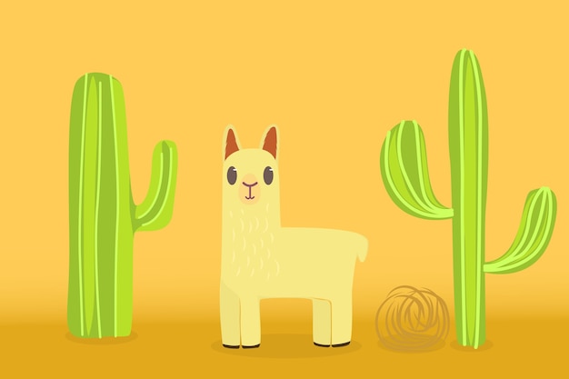 Llama en el desierto con un fondo de cactus y plantas rodantes.