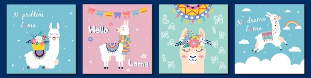 Llama de dibujos animados con diseño vectorial de cactus arco iris
