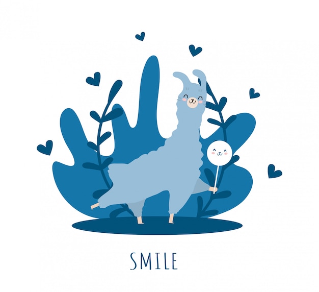 Vector llama enamorada de la sonrisa y muchos detalles. linda alpaca