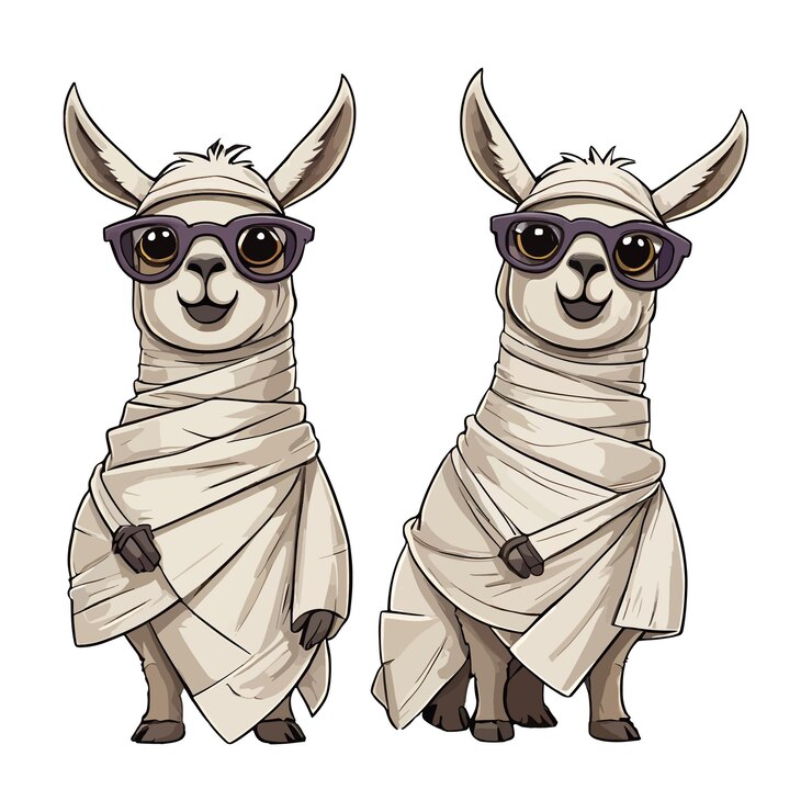 llama envuelta en una momia con un personaje de Halloween