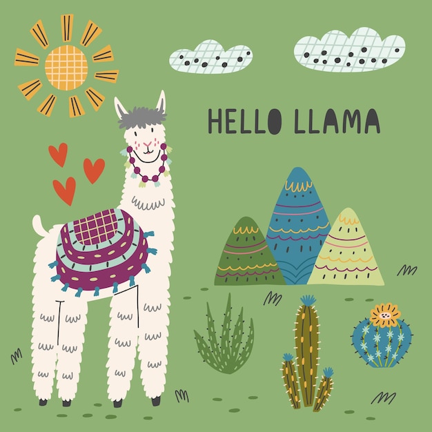 Llama esponjosa entre montañas y cactus