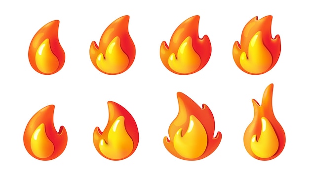 Llama de fuego 3D Icono de energía caliente Luz o humo Render el logotipo naranja y rojo Signo mágico Explosión o chispa Ignición inflamable Símbolo de bola de fuego Vector Ilustración aislada Conjunto de emoji de dibujos animados