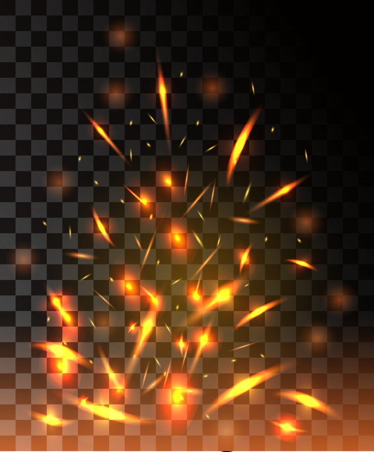 Vector llama de fuego con chispas que vuelan partículas brillantes sobre fondo transparente oscuro
