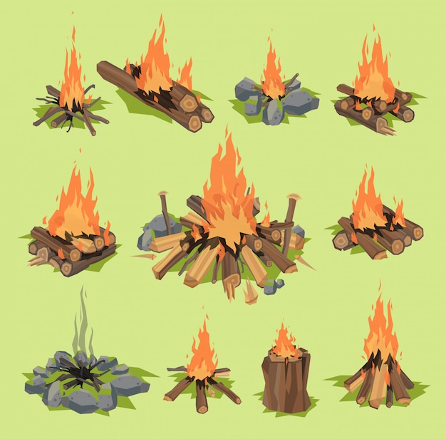 Llama de fuego o leña hoguera de viaje al aire libre chimenea encendida y ilustración de fogata inflamable bosque ardiente o llameante con incendio forestal aislado en el fondo