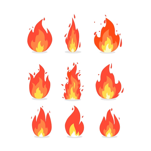 Llama de fuego de varias formas. iconos vectoriales en estilo de dibujos animados. fondo aislado.